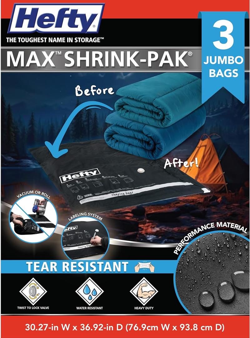 Hefty MAX Shrink-Pak Vacuum Storage Bags  Max Strength Tear-Proof Bags For Clothes, Pillows, Towels, Blankets & More  Space Saver Suction Sealer for Home  3 Jumbo, 30 x 36 Inches