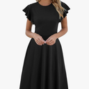 HELYO Women's Semi-Formal Ruffle Sleeves V-Back Work Fit and Flare Cocktail Knee Length Dress with Pockets, Size L