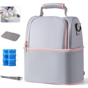 NCVI Breastmilk Cooler Bag with 2 Ice Pack, Breast Pump Bag with Cooler Fits 6 Bottles, Double Layer Breast Milk Baby Bottle Cooler Bag, for Travel, Nursing Mom Daycare, Work, Picnic (Grey)