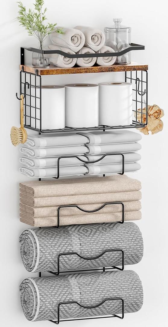 Towel Racks for Bathroom,Towel Rack Wall Mounted, 6 Tier Rolled Or Folded Towel Holder with Floating Shelves, Bathroom Towel Holder for Bath, Hand Towels,Metal and Wood (J-type Black Rack, Vintage Brown Plank)