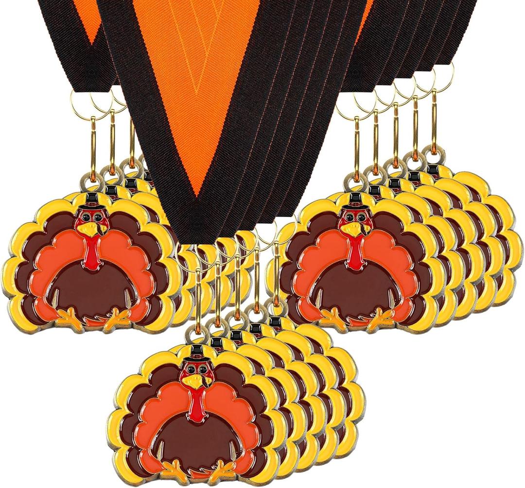 Sasylvia Thanksgiving Turkey Gold Medals 2'' Metal Colorful Turkey Trot Medals with Ribbon Leaves Wreath Great for First Place Thanksgiving Race Awards for Adult Family
