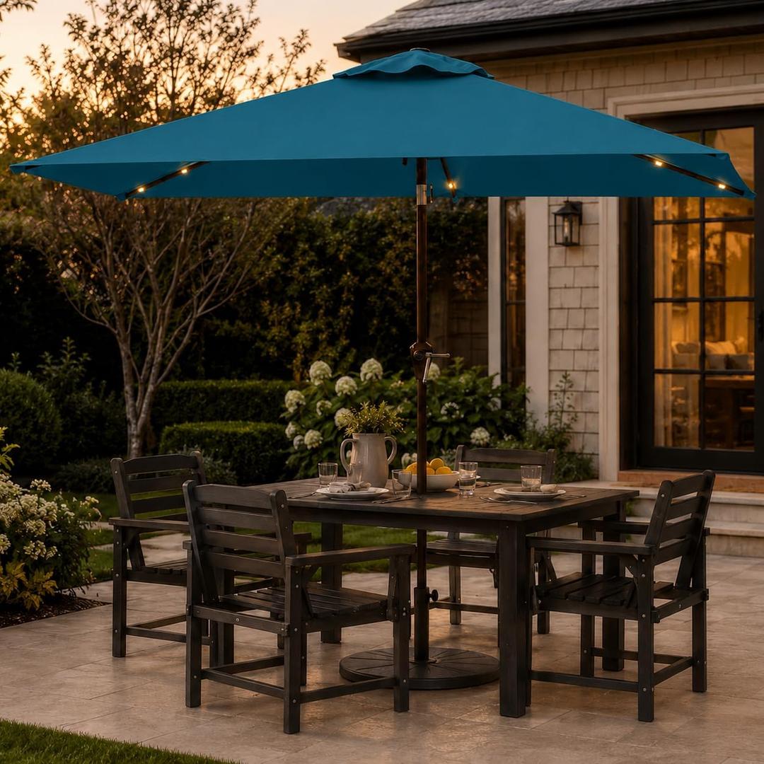 6.5 x 10ft Rectangular Patio Umbrella with Solar Lights, 16 LED Lighted Market Umbrella with Push-Button Tilt and Crank, 6 Sturdy Iron Ribs for Garden, Deck, Pool, Lake Blue