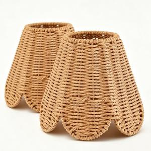 2 Pcs Small Rattan Lamp Shades, Scalloped Woven Lampshade 3"top x 6"bottom x 5-1/4"slant Height Boho Lamp Shade Chandelier or Accent Lamp (E26 Base)