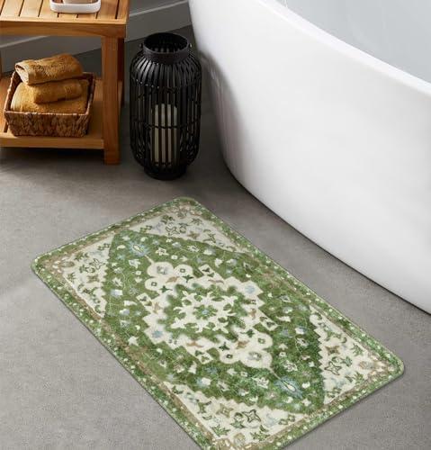Uphome Vintage Tribal Bath Mat Sage Green Boho Non-Slip Bathroom Rug Oriental Soft Machine Washable Bathroom Mat Cute Aesthetic Floral Bath Mats for Bathroom Decor for Sink Tub Door Mat, 18x25 inch