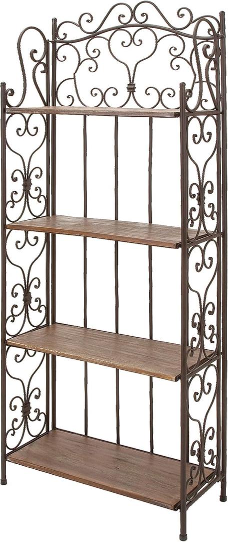 Deco 79 Metal Scroll Bakers Rack Tall Folding with 4 Wooden Shelves, 27" x 12" x 68", Brown