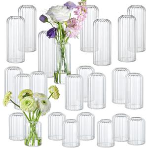 24Pcs Glass Cylinder Vases, Clear Ribbed Bud Vases for Centerpieces Weeding Decoration, Tall Clear Flower Vases in Bulk for Table Shelf, Party(Ribbed)