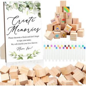97 Pcs Baby Shower Games Sign Kit,Including Decorate a Block Game Sign 72 DIY Blank Wooden Block 24 Painting Pen to Draw Your Idea for Baby Shower Game Gender Reveal Party
