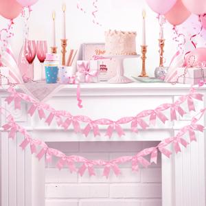 2Pcs Pink Satin Ribbon Bow Banner Garland, Pink Bow Party Decortions, Girls Bow Birthday Decorations, Baby Shower Decoration, Bridal Shower Bachelorette Wedding Party Decor