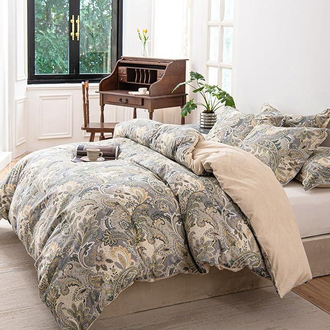 100% Natural Cotton 3pcs Duvet Cover Sets-Beige Duvet Cover with Luxurious Green, Gray & Yellow Leaves Patterns,Reversible Botanical Comforter Cover Sets with Button Closure(Queen,Paisley)