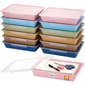 Tinlade 12 PCS Paper Storage Bin with Clear Latching Lid Label Sticker Colored Plastic Stackable Letter Size Flat Storage Tray Container for Classroom Office School Teacher Homeschool Sorting(Boho)
