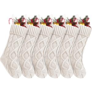6Pack Personalized Christmas Stockings with Leather Custom Self-Adhesive Name Tags, 18 Inches Cable Knitted Stocking for Family, Xmas Holiday Party Gifts & Decoration for Fireplace(White)