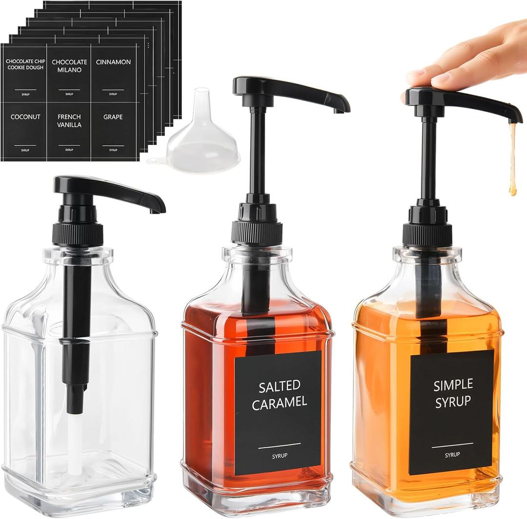 3 Pack 16.9oz (500ml) Glass Coffee Syrup Dispenser with Pump, Syrup Pump Dispenser for Coffee Bar, Coffee Syrup Bottles with Labels