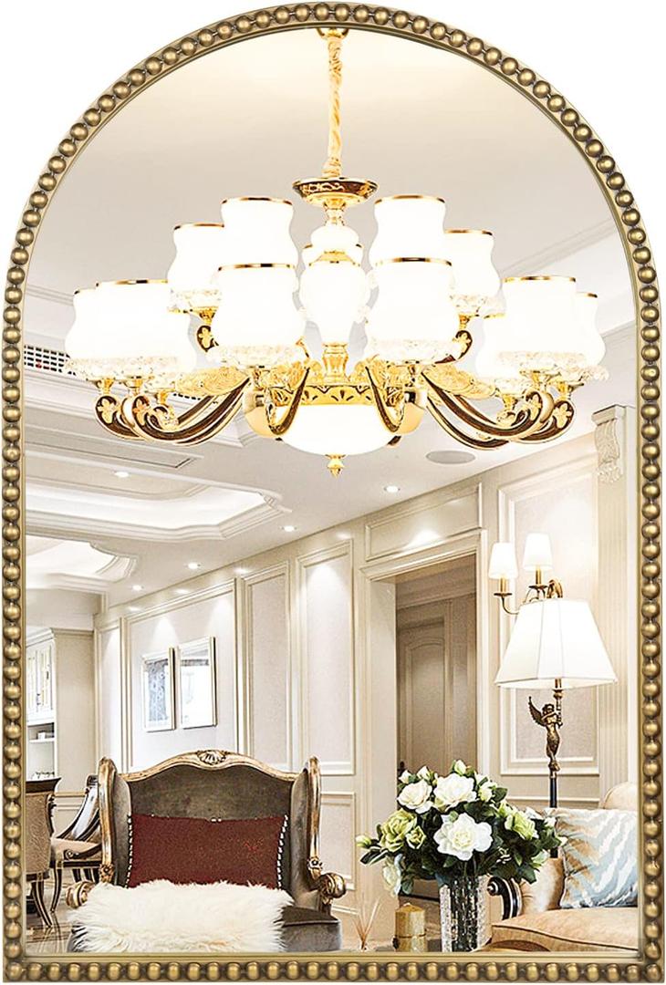 Arched Wall Mirror for Bathroom, 30"x40" Metal Beaded Frame Decorative Accent Mirror, Large Modern Distressed Hanging Wall Decor for Washroom, Bedroom, Living Room, Entryway, Antique Gold