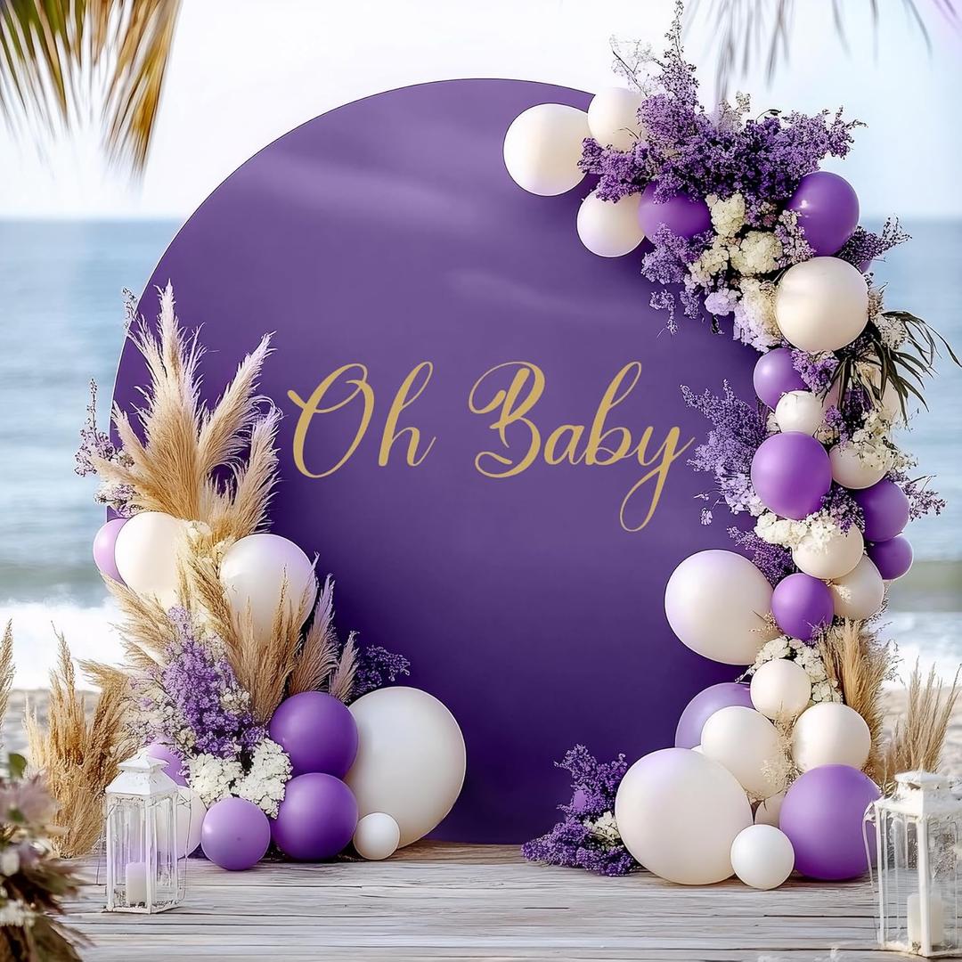 Gallety 7.2 FT Purple Round Backdrop Cover for 5 to 7.2ft Circle Arch Stand with Oh Baby Decal Sign - Adjustable Polyester Arch Backdrop Cover for Wedding Arch Birthday Party Photography Decoration