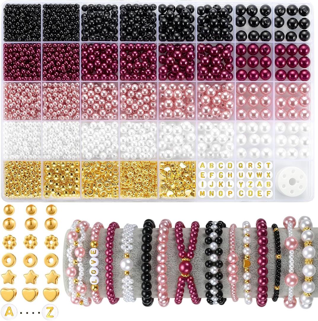 2256pcs Pearl Beads for Jewelry Making, Funtopia 4 Sizes Pink Black White Round Beads for Bracelets, Bracelet Making Kit with Gold Spacer Beads Letter Beads for Crafts Necklaces Earrings DIY
