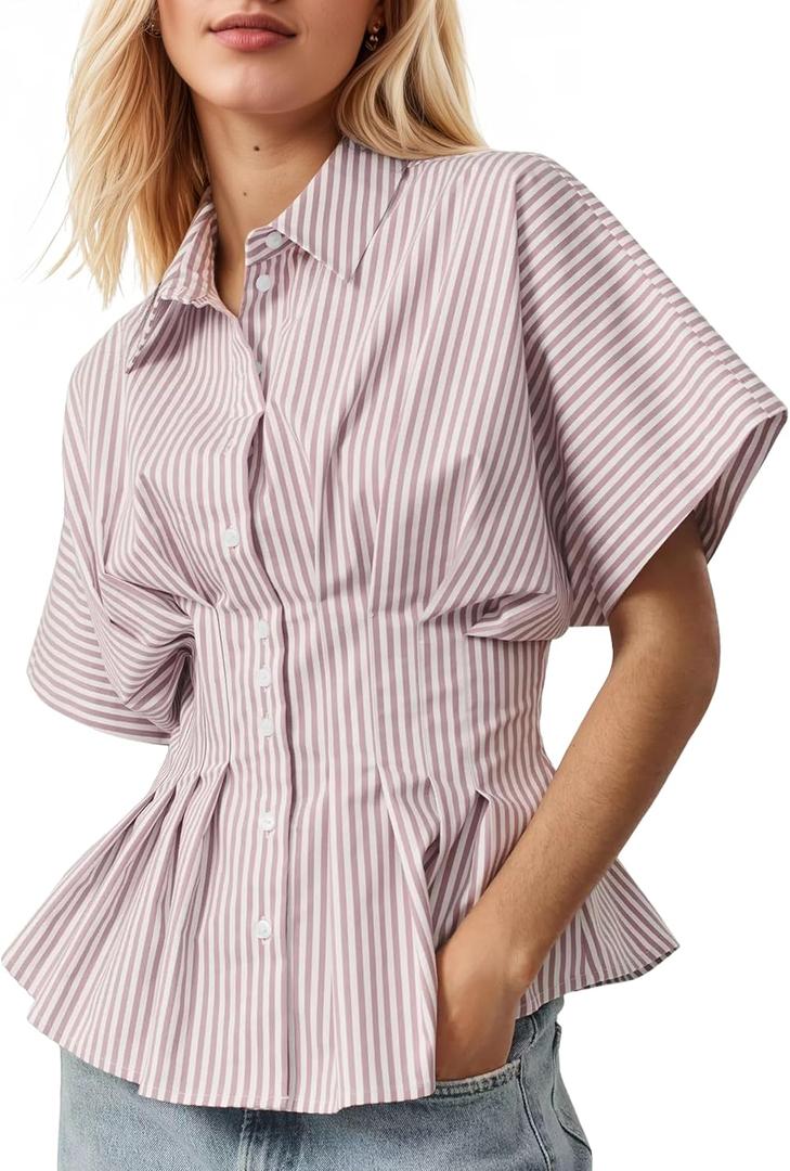Women's Striped Shirts Button Down Short Sleeve Pleated Peplum Blouses Dressy Casual Lapel Tops Summer Business Shirt (Large, Purple)