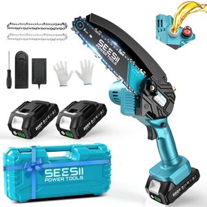 SEESII Mini Chainsaw 6 inch, Cordless Chainsaw w/ 2x2000mAh Batteries, Oiler System & Replacement Chain, Handheld Electric Chain Saw w/ Safety Lock, Battery Powered Chainsaw for Wood Tree Cutting, M6 Plus