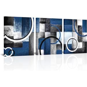 Visual Art Decor Blue and Grey Abstract Geometric Circle Canvas Wall Art Room Decor Picture Framed Artwork for Living Room Bedroom Wall Decoration Ready to Hang (Blue)