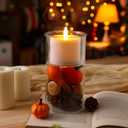 Domensi 2 Pcs Fall Glass Candle Holders with Flameless Candles Festive Votive LED Pillar Wax Battery Operated Flickering Light Candlesticks with Pumpkin Pine Cone for Fall Autumn Thanksgiving Decor