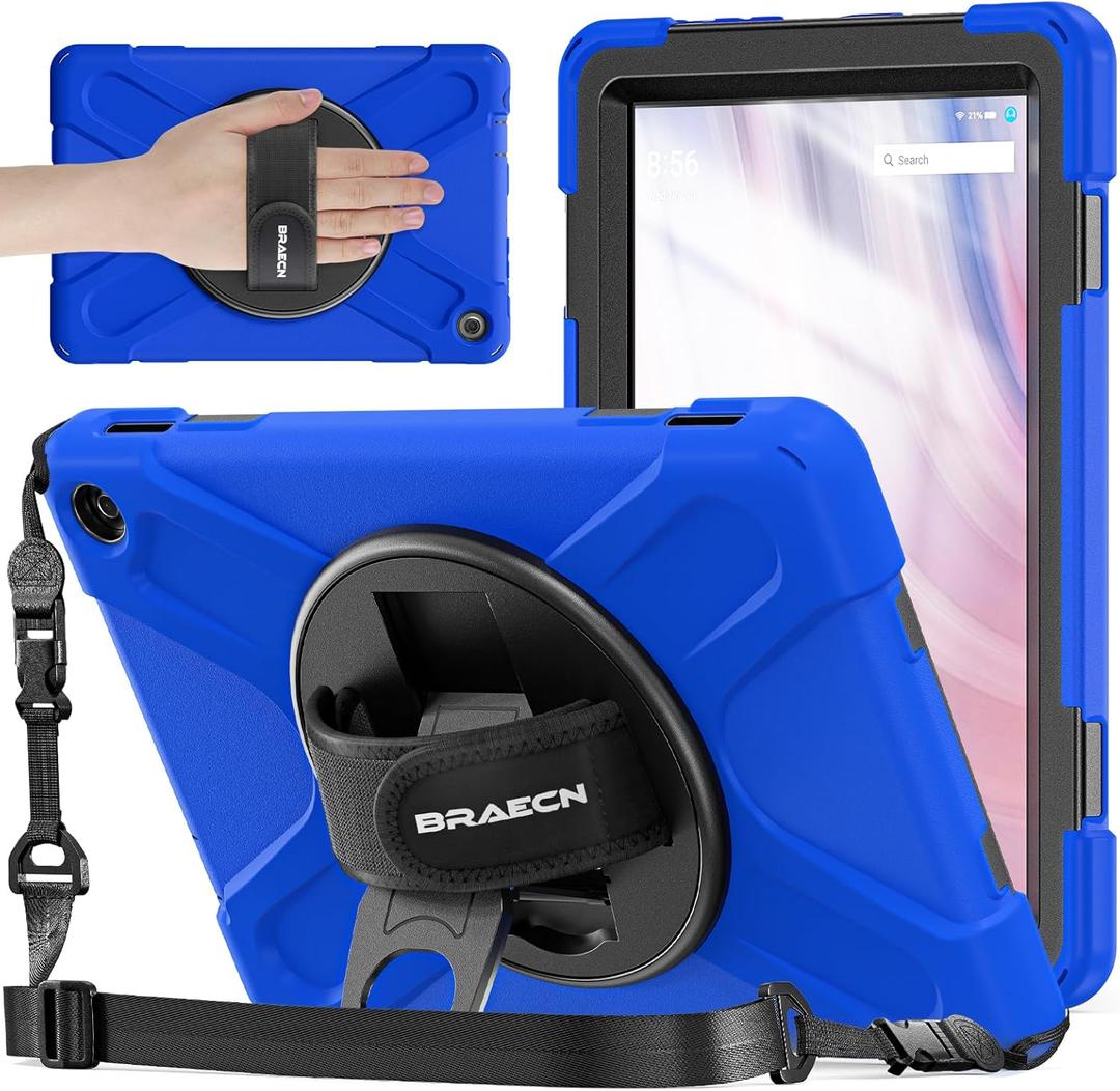 BRAECNstock Shockproof Protective Case for Amazon Fire HD 10 13th Generation 2023 Kids Case with Screen Protector [Rotating Hand Strap]& Stand,Pen Holder & Shoulder Strap - Blue