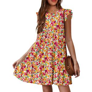 HOSIKA Girls Floral Dress Summer Boho Flutter Sleeve Swing Tiered Beach Holiday Dress 6-12Y (Pink)