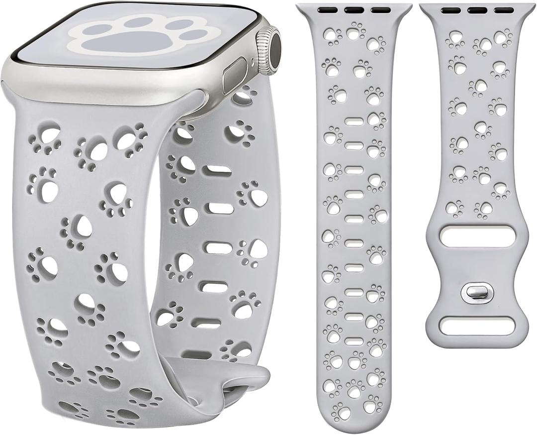 Silicone Band for Apple Watch Bands 46mm 45mm 44mm 49 42mm-S3 for Women, Cute Animal Dog Cat Paw iWatch Bands, Fancy Sport Band for Apple Watch Band Series 11 10 9 8 7 SE 6 5 4 3-Grey