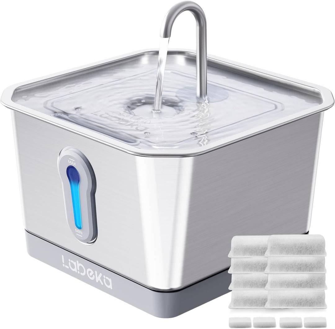 Stainless Steel Cat Water Fountain 135oz/4L:Battery Operated Wireless Cat Fountains for Drinking Indoor, Automatic Pet Water Dispenser with Ultra Quiet Pump,Multi-Filtration,Easy Clean BPA-Free