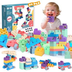 Extra-Large 80PCS Soft Silicone Building Blocks for Toddlers 18 Months and Up  BPA-Free STEM Stacking Toys, Safe Teething-Friendly Soft Blocks, Perfect Baby Shower or Birthday Gifts