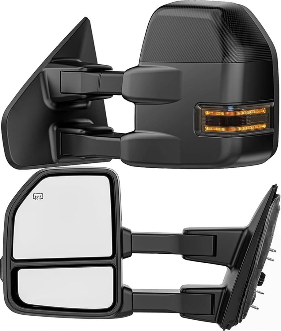 Smoked Power Heated Tow Mirrors Compatible with 2004-2014 Ford F150 F-150 Pickup Truck, Extended Trailer Towing Side Mirrors with LED Puddle Light, Carbon Fiber Grey Housing
