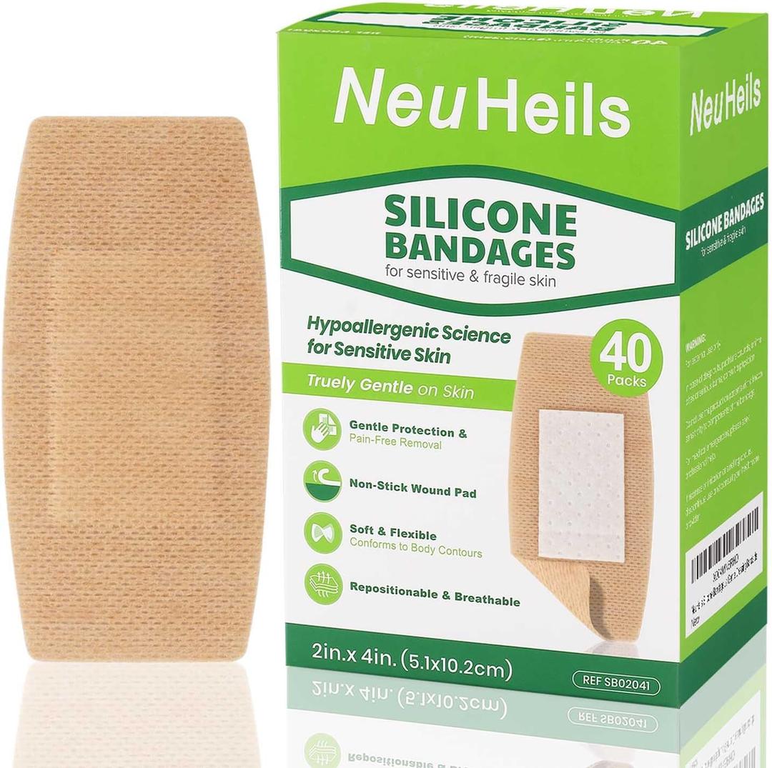NeuHeils Silicone Bandages for Sensitive Skin, Large 2x4 Inch (40 Count) | Hypoallergenic & Waterproof Wound Care | Pain-Free Removal, Non-Stick Pad, Gentle for Fragile Skin