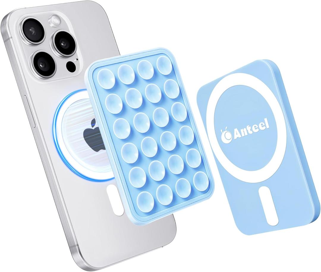 Anteel Silicone Grip Secure Mirror Shower Phone Holder for iPhone 16/15/14/13/12, Magnetic Suction Phone Mount for MagSafe Case, Hands-Free Selfie/Video for TikTok Creator/Influencer (Baby Blue)