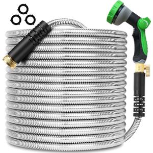 200FT Metal Garden Hose 304 Stainless Steel Flexible Water Hose - No Kink & Tangle Heavy Duty Pipe with Nozzle, Durable 3/4 Metal Fittings and Valve - Rust Proof Puncture Proof for Yard Lawn (Silver)
