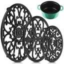 LEIFIDE 3 Pcs Cast Iron Trivet with Pegs Round Metal Trivet with Vintage Pattern 11.4'', 8'', 5.2'' Rustproof Heat Resistant Hot Pot Plate Stand Holder Mat Pad for Kitchen Dining Countertop, Black