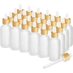 DMuuuDM 24 Pack 2 oz Frosted Glass Dropper Bottle, Empty Round Boston Travel Bottles With Eye Droppers, Natural Bamboo Dropper Cap for Essential Oils, Tinctures & Perfume, Facial Serums, Massage Oils
