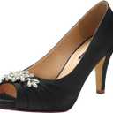 ERIJUNOR E0055 Peep Toe Mid Heels for Woman Rhinestones Satin Evening Prom Wedding Shoes Black, Size: 7.5