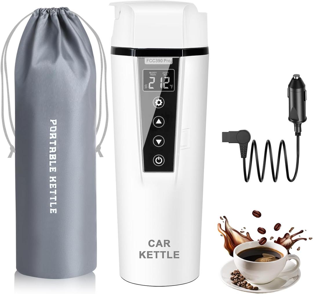 Car Electric Kettle: 12V/24V Portable Water Boiler Heated Travel Mug,Multiple Temperature Adjustable Coffee Tea Truck Cup with 304 Stainless Steel Dry Burn Protection & Handy Cup Bag (White)