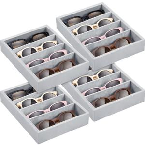Amylove 4 Pcs Gray Sunglass Organizer Trays 4 Grids Velvet Glasses Holder Jewelry Display Organizer Eyeglasses Storage Box Drawer