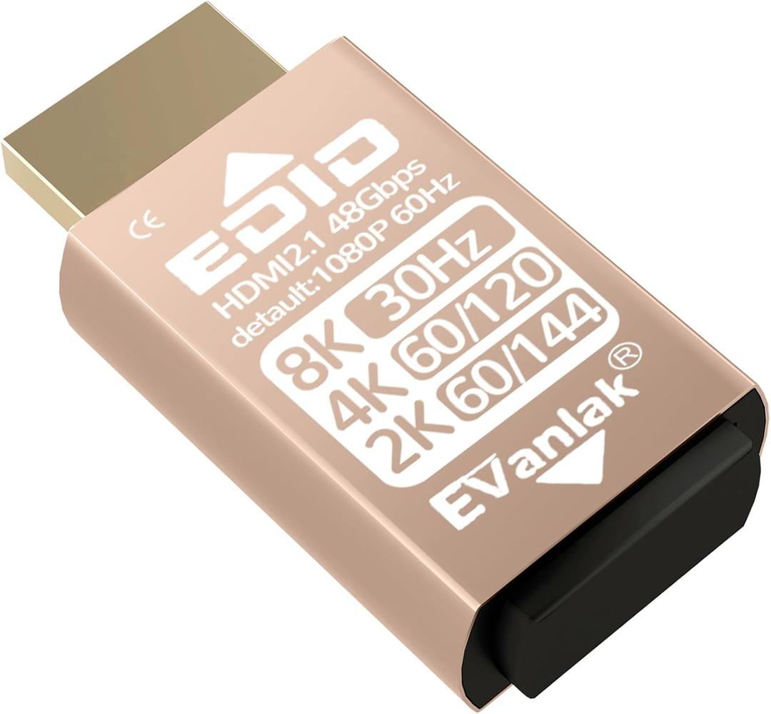 EVanlak HDMI EDID Emulator Adapter Dummy Plug, Virtual Display Headless Ghost HDMI Passthrough 1080P@60Hz to 8K@30Hz, Bi-Directional, Gold-1P
