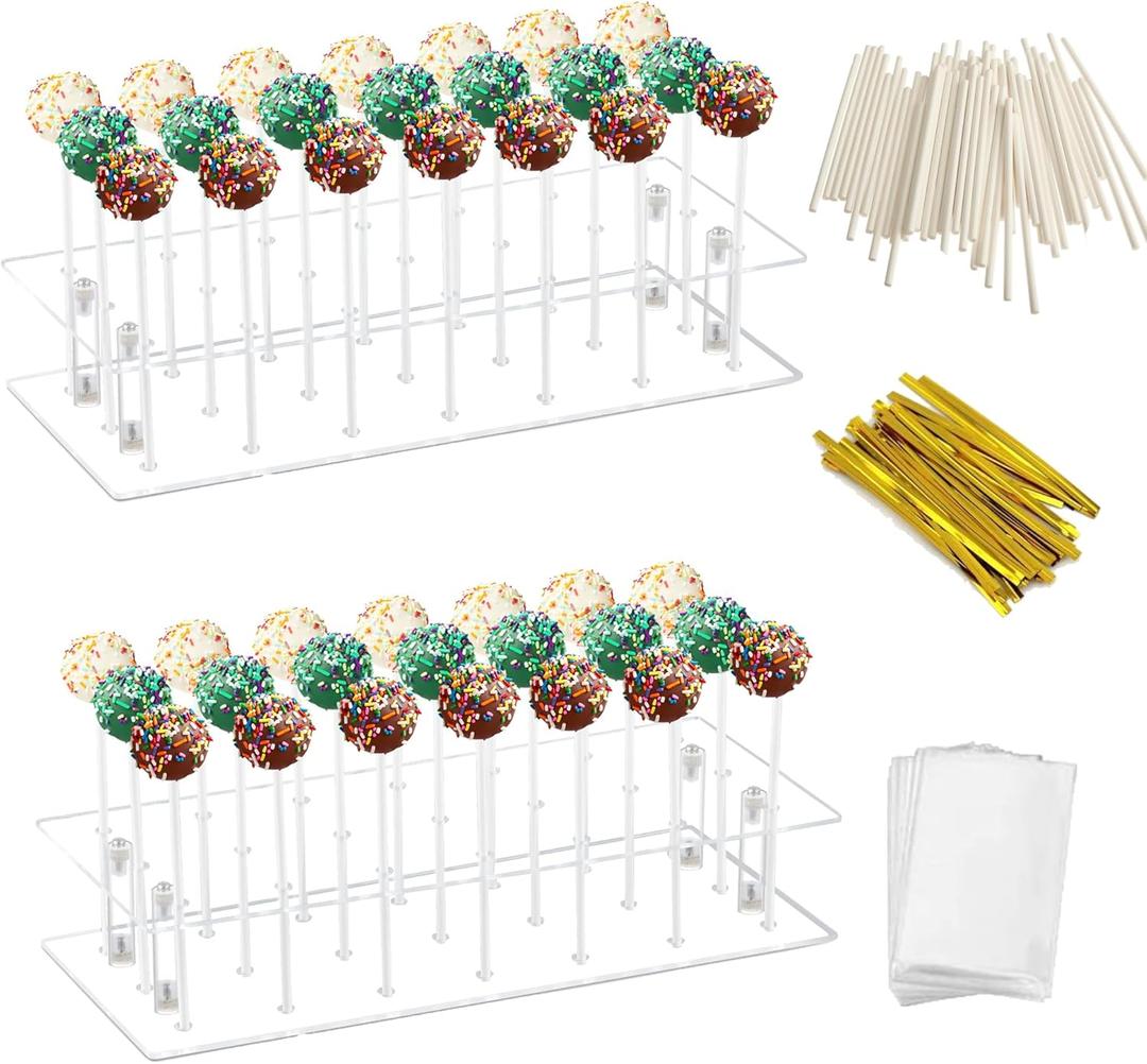 2 Pcs Cake Pop Stand, 21 Holes Cake Pop Holder with 300 Pcs Accessories, 2 Tier Clear Square Lollipop Holder for Birthday, Wedding, Party, Halloween, Candy Decorative