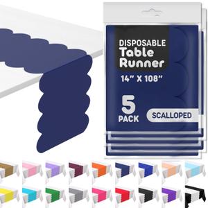 Navy Blue Plastic Disposable Table Runner. 5 Pack 14 x 108 inch. Scallop Table Runner Adds A Pop of Color to Your Party Table, by Swanoo