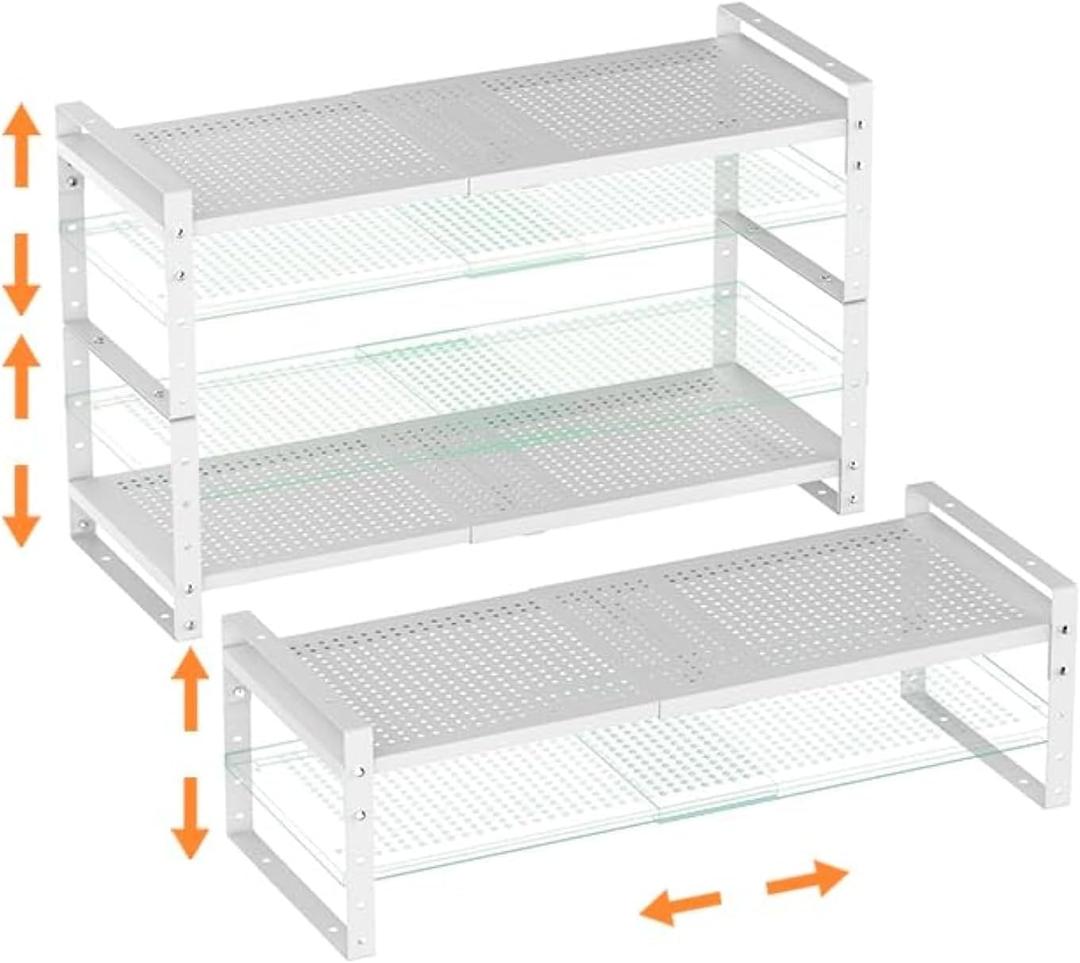 Multi-Functional Metal Shoe Rack,Expandable Adjustable Stackable Kitchen Organizer,Metal Shelf risers for cabinets, Kitchens and Closet, Bathroom(3Packs/White/Large)