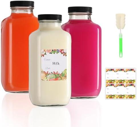 AuroTrends 16 oz Glass Bottles with Lids 3Pack, 480ml Glass Bottles for Juicing, Water, Kombucha - Portable Glass Juicing Bottles Reusable Glass 16oz (Set of 3)