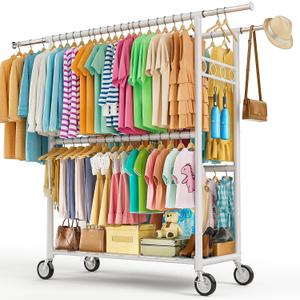 Heavy Duty Clothes Rack Load 1060LBS, Four Rods Rolling Clothing Racks for Hanging Clothes, Rolling Garment Rack With Sturdy Wheels Shelves Hooks, Portable & Adjustable Commercial Garment Rack, White