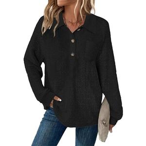 Womens Tops Waffle Knit V-Neck Long Sleeve T-shirts Button Down with Pockets Tunic Fashion Clothing, XL