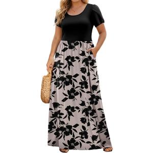 IN'VOLAND Plus Size Maxi Dresses for Women Summer Petal Short Sleeve Dress Casual Loose Flowy Long Sundress with Pockets, Size 2X