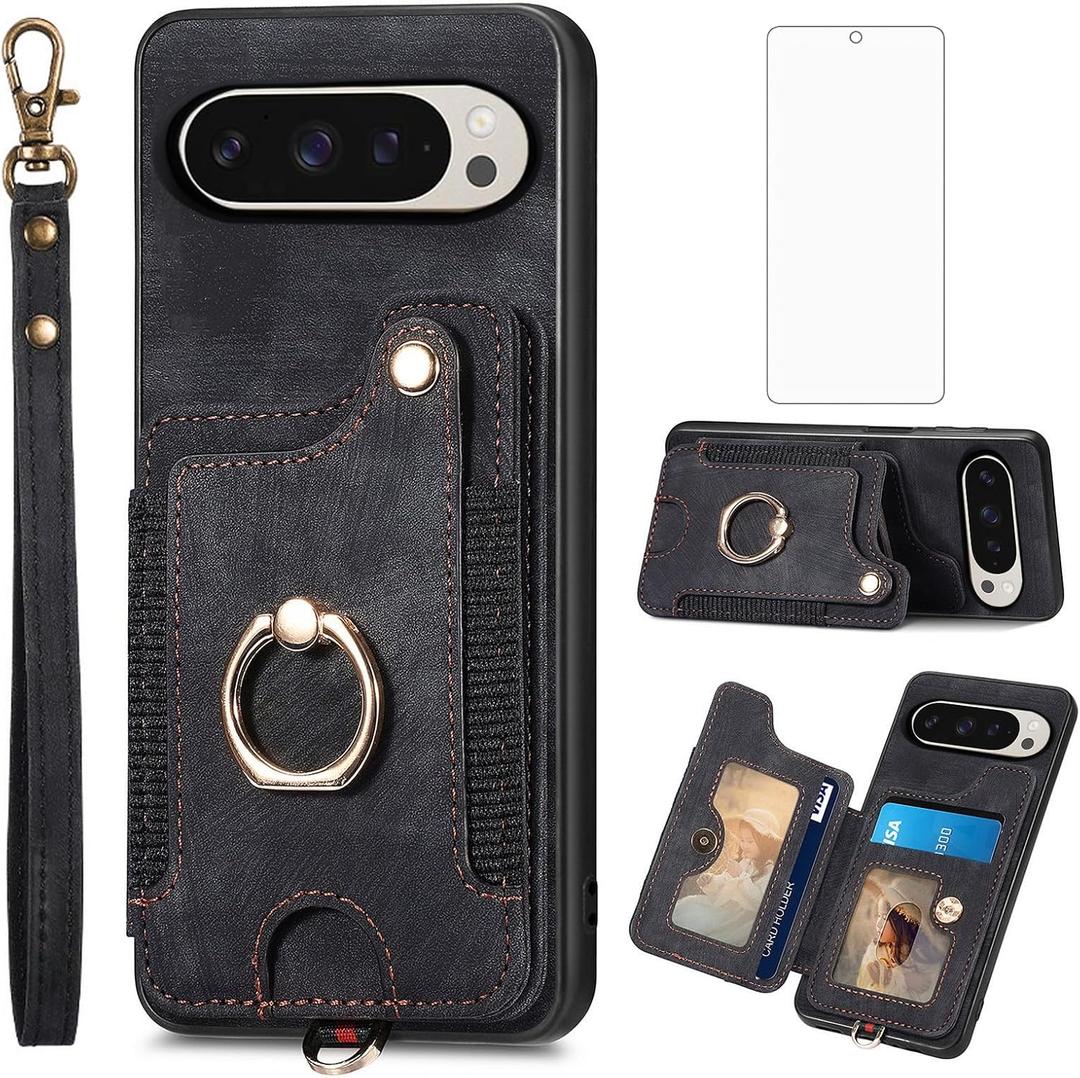 Asuwish Phone Case for Google Pixel 9/9 Pro 5G Wallet Cover with Tempered Glass Screen Protector and Wrist Strap Lanyard RFID Card Holder Ring Stand Cell Accessories Pixel9 9Pro Nine Women Men Black