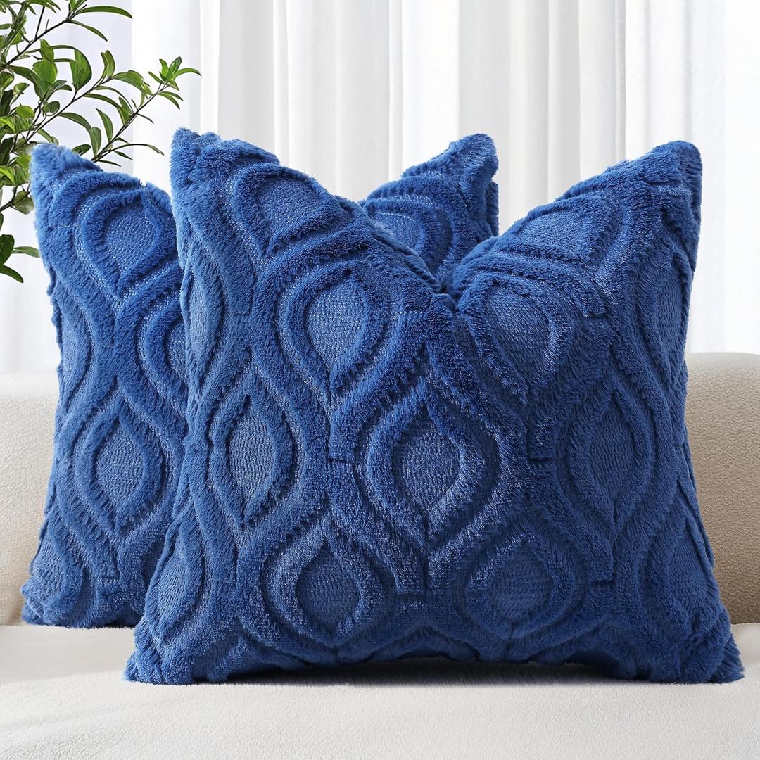 decorUhome Throw Pillow Covers 22x22 Inch Set of 2, Soft Plush Faux Wool Dark Blue Coastal Solid Couch Pillow Covers, Accent Euro Sham Farmhouse Square Patriotic Pillow Cases for Sofa Bed Living Room
