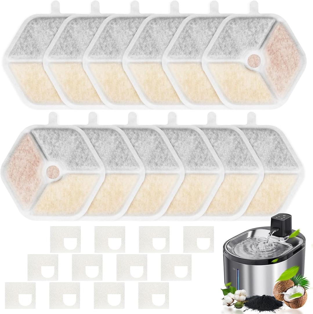 12+12 Filter & Sponges for Smartoo 152oz/4.5L Wireless Cat Water Fountain, Quadruple Filtration Cat Fountain Filter Replacement for Smartoo Replacement Filters