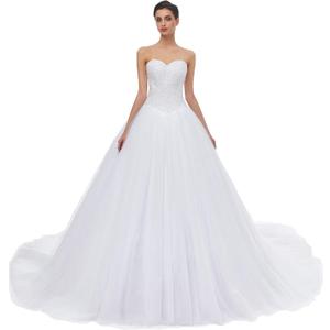 Sweetheart Tulle Ball Gown Wedding Dress, A-line Bridal Gown with Train (4, White)