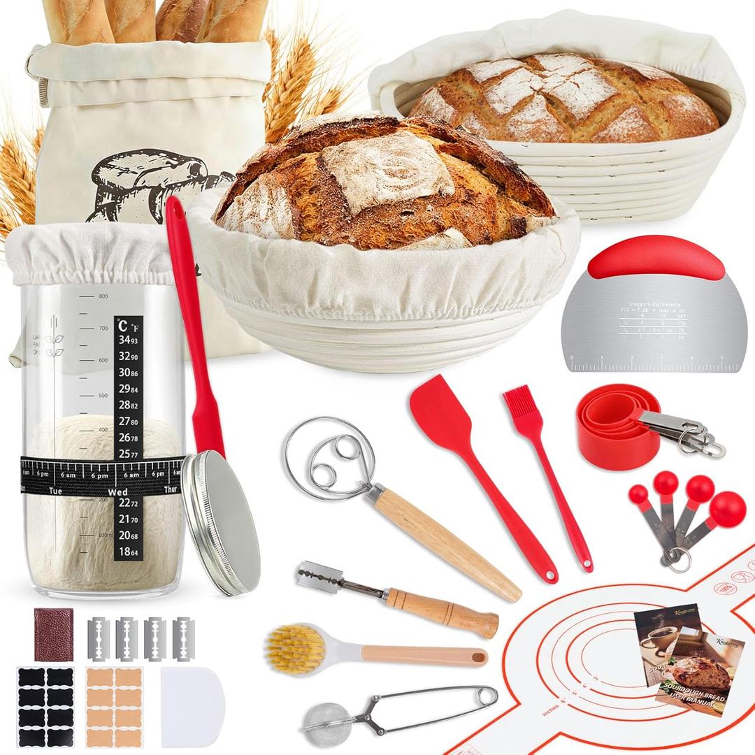 Sourdough Starter Kit & Sourdough Bread Baking Supplies-10" Round & Oval Banneton Proofing Baskets, 32 oz Sourdough Starter Glass Jar, Bread Making Tools, for Bread Making/Baking Fermentation